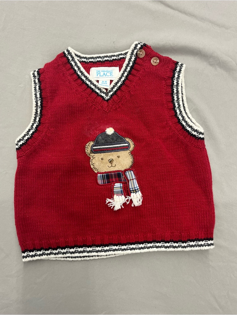 Vintage The Children's Place Red Bear Knit Vest with Black Trim Size 3-6 Months